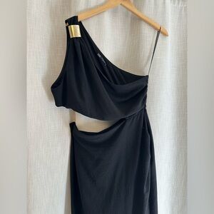 Zara Elegant Black One-Shoulder Dress with gold accent